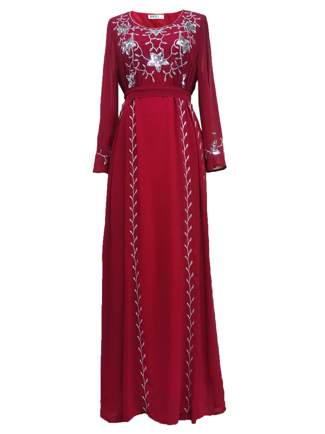 Robe de soirée élégante à broderies et appliqués avec ceinture, manches longues, jupe longue