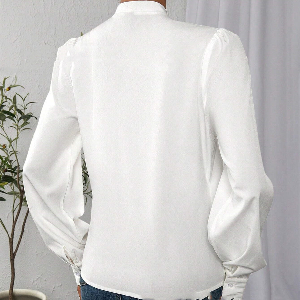 White Casual Long Sleeve V-Neck Shirt Top Polyester