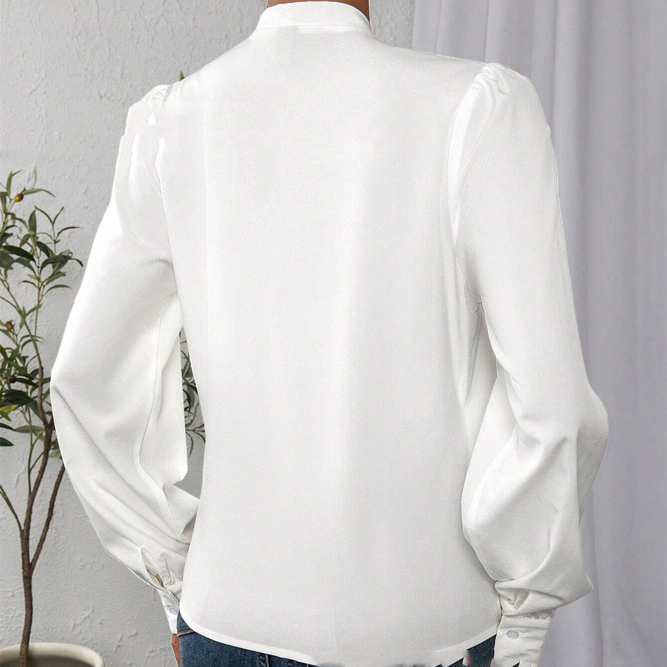 White Casual Long Sleeve V-Neck Shirt Top Polyester