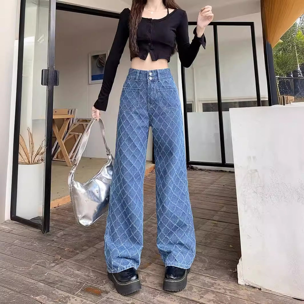Summer Ladies High Waist Loose Straight-Leg Cotton Denim Trousers