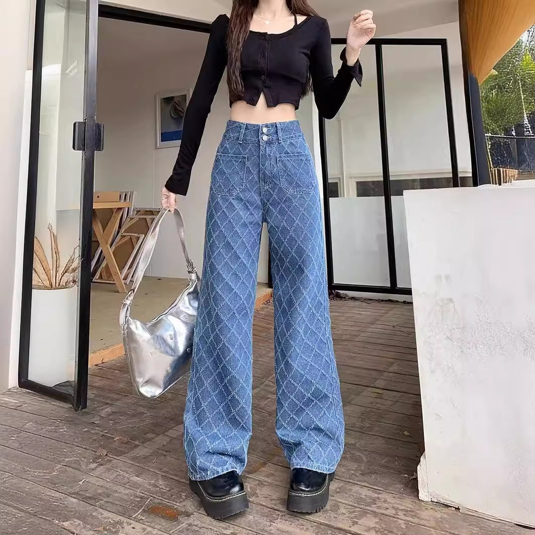 Summer Ladies New Loose Drooping Slimming Jacquard Design Straight-leg Denim Trousers