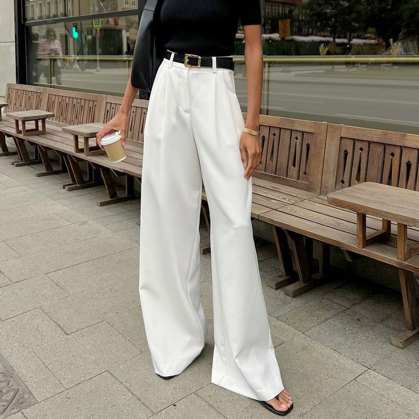 White High-Waist Straight-Leg Casual Pants