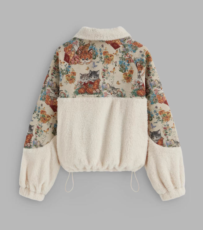Sweat à capuche à col rabattu pour femme, motif chat floral