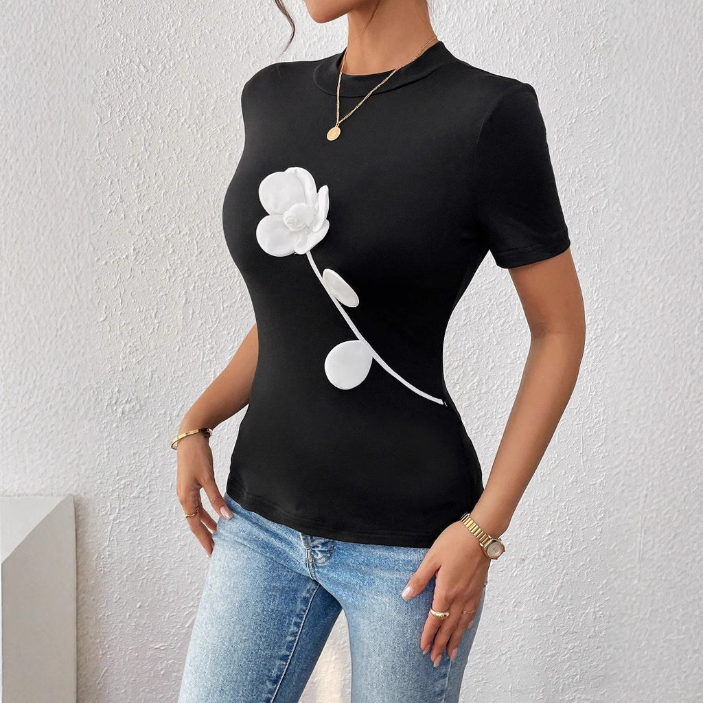 Ladies Slim Fit Black 3D Floral Embroidered Short Sleeve Pullover