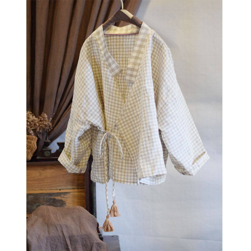 Pure Linen Lace-up Tassel Women's Shirt Top