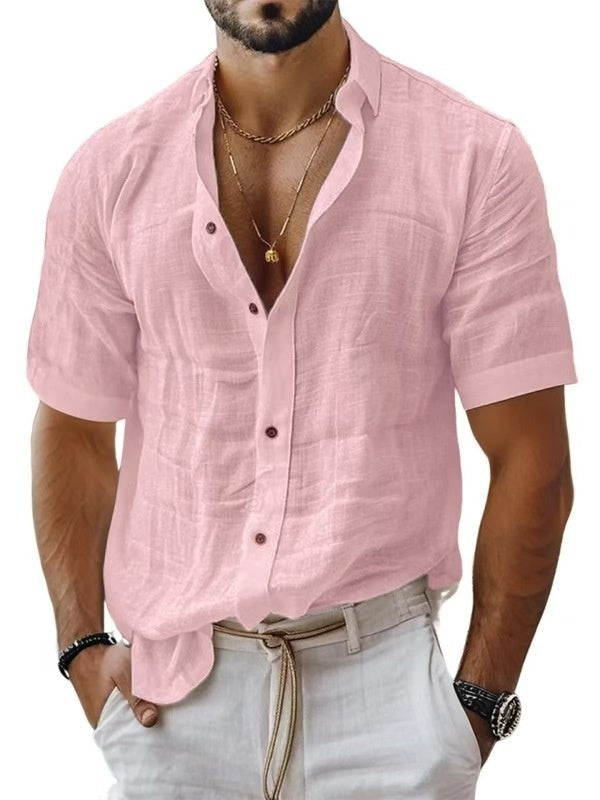 Men's Short Sleeve Cotton Linen Lapel Shirt