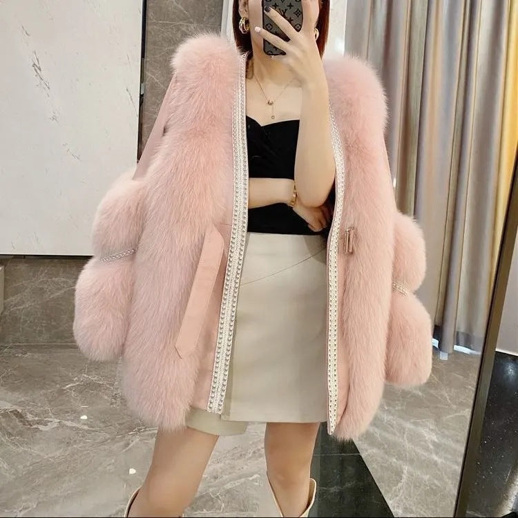 Loose Mid-Length Warm Fur Coat for Women