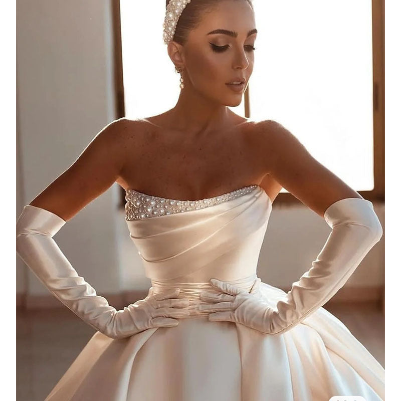 Ivory White Satin Strapless Bridal Dress for Women