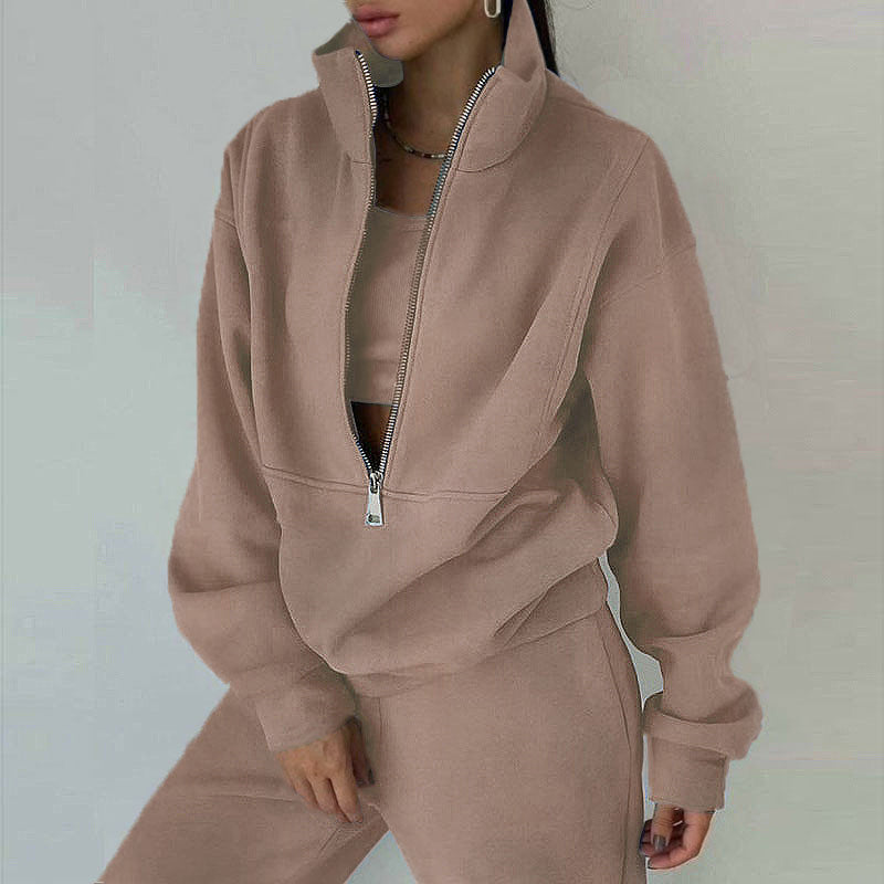 Women's Zipper Fleece Sweater and Pants Set - Casual Sportswear