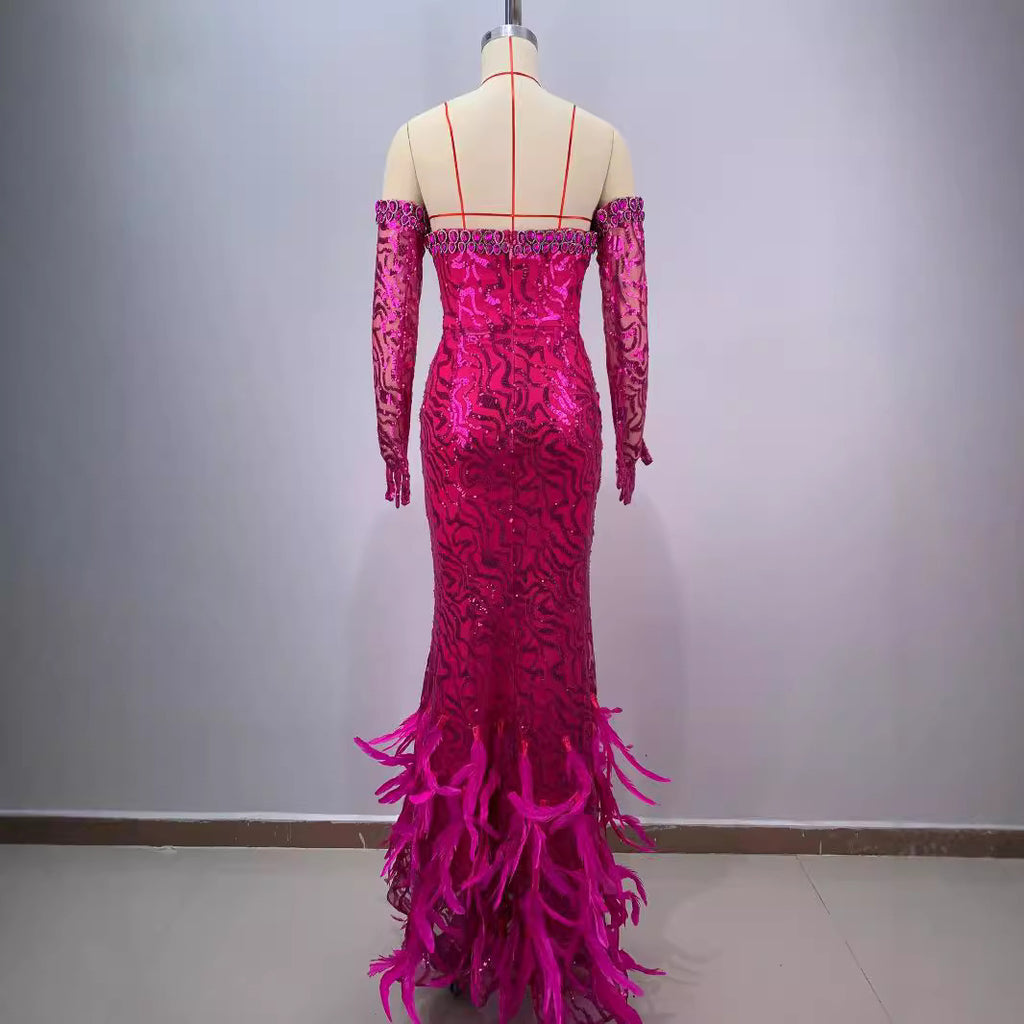 Robe de bal sirène amincissante en coton rouge rosé