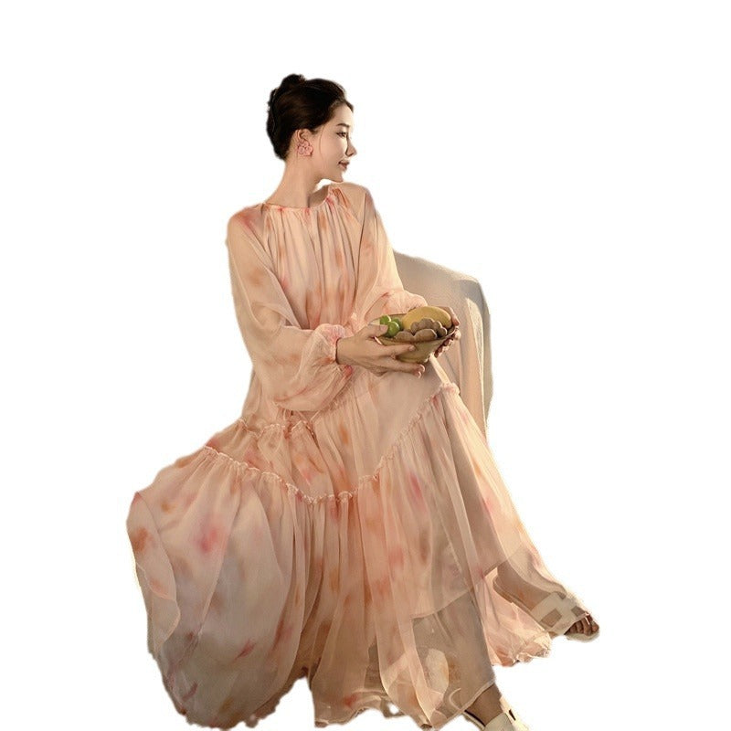 Robe trapèze en mousseline fleurie à la française pour femme