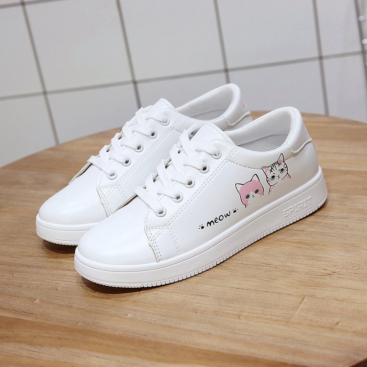 Women's White Leather Flat Shoes Small Size Cat Design