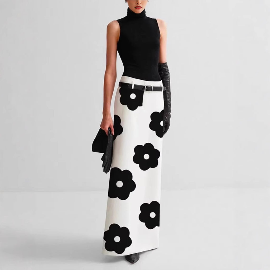 Elegant Black-and-White Printed Polyester Skirt for Women