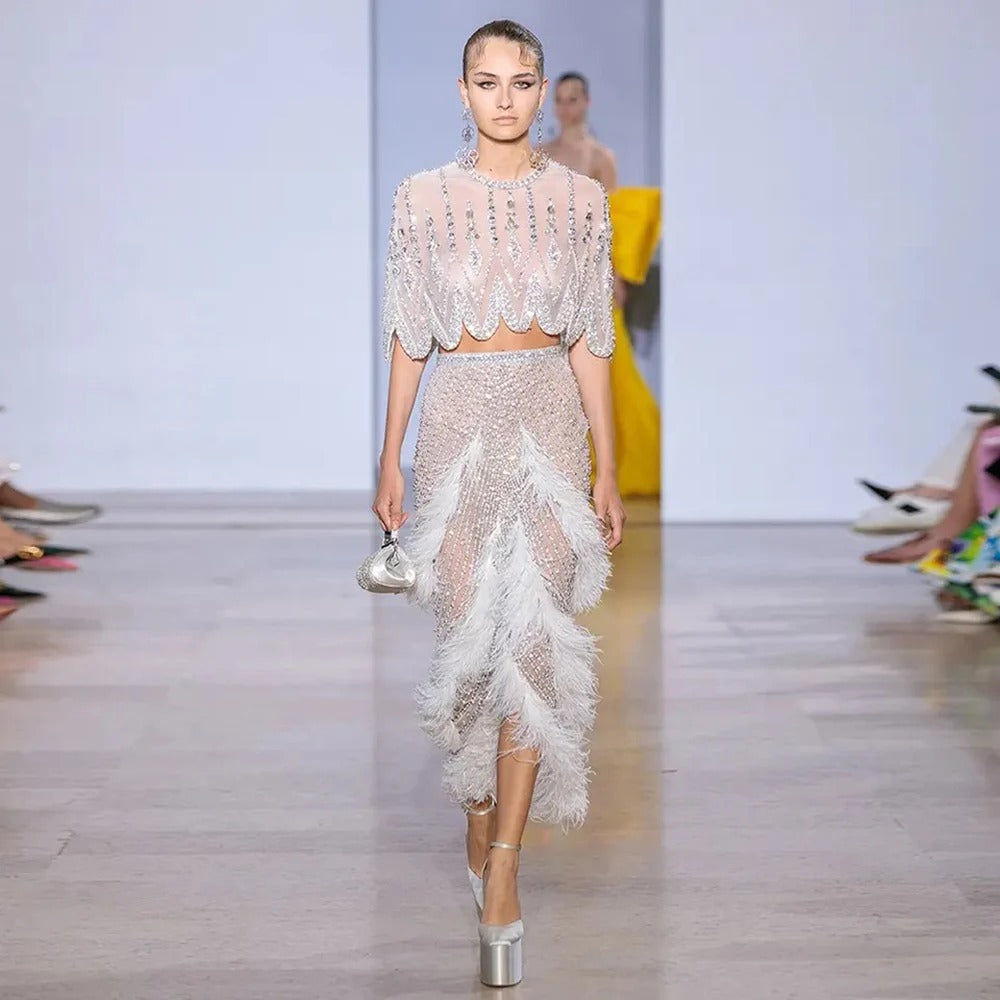 Silver Nude Slim-Fit Feather Beaded Organza Evening Dress for Ladies