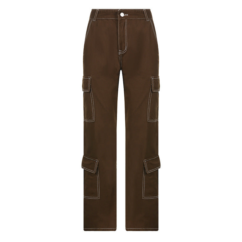 Pantalon cargo droit en jean marron pour femme multi-poches taille basse