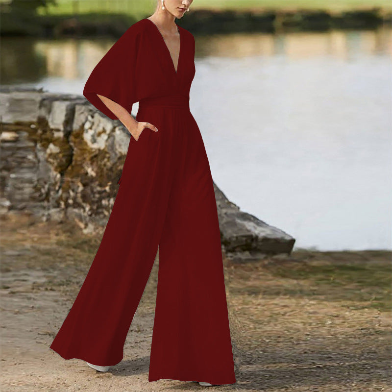 Women's Deep V High Waist Wide Leg Jumpsuit