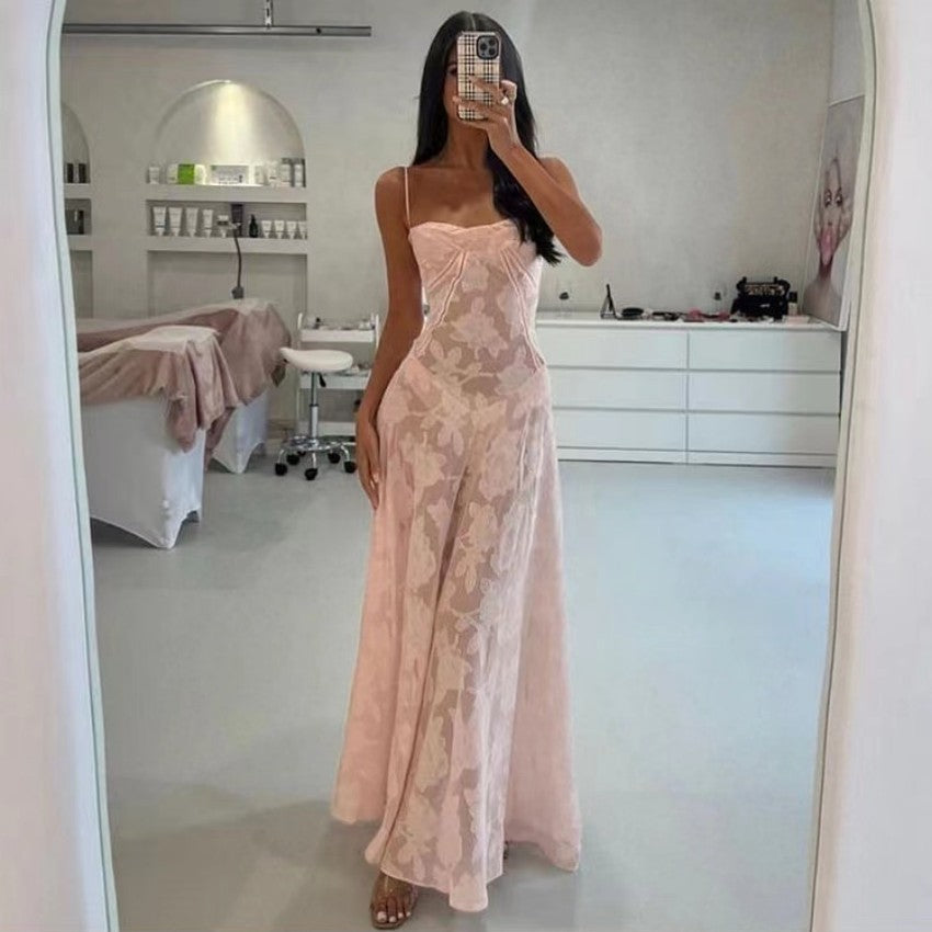 Robe Longue de Soirée Sexy en Dentelle Florale à Lacets et Bretelles pour Femme, Été, Coupe Ajustée