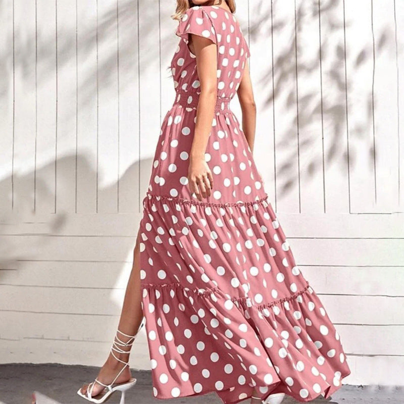 Polka Dot Split V-Neck High Waist Dress