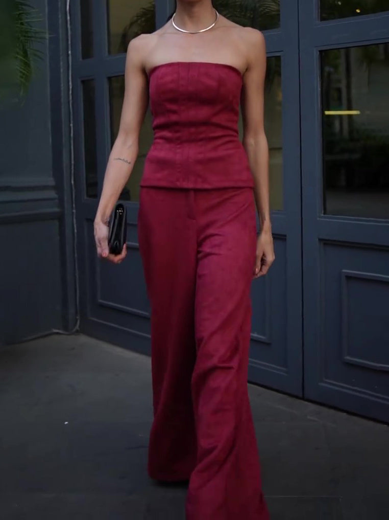Burgundy Polyester Tube Top & High Waist Pants Set
