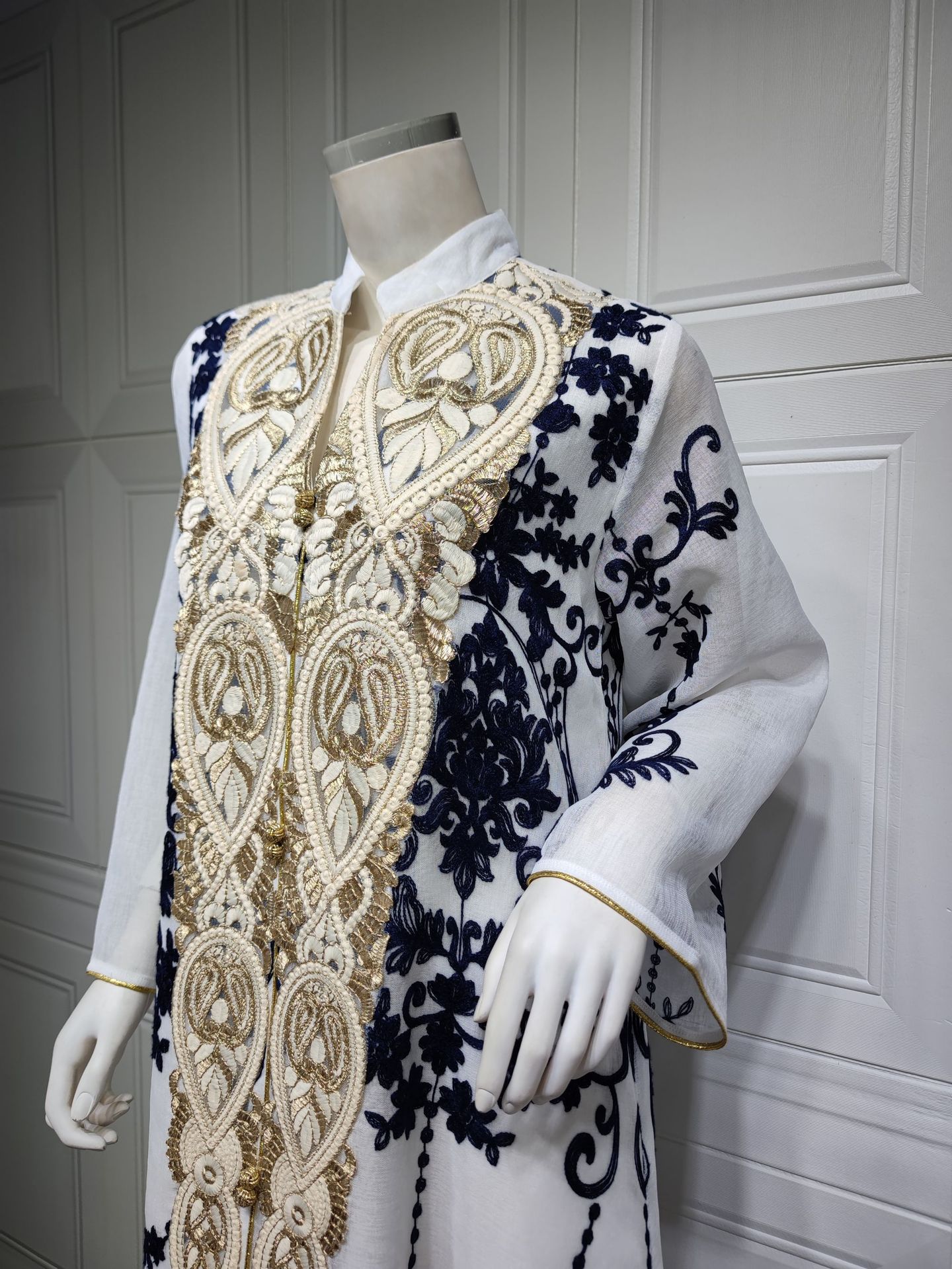 Arabian Women's Casual Embroidered Dress in White, Blue & Apricot