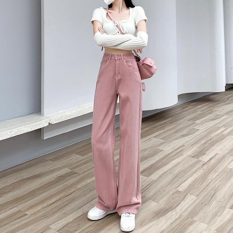 Dirty Pink High Waist Wide Leg Denim Pants for Women