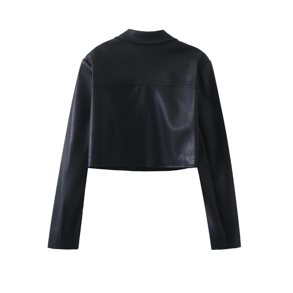 Hot Girl Black Polyester Leather Skirt Suit with Long Sleeve
