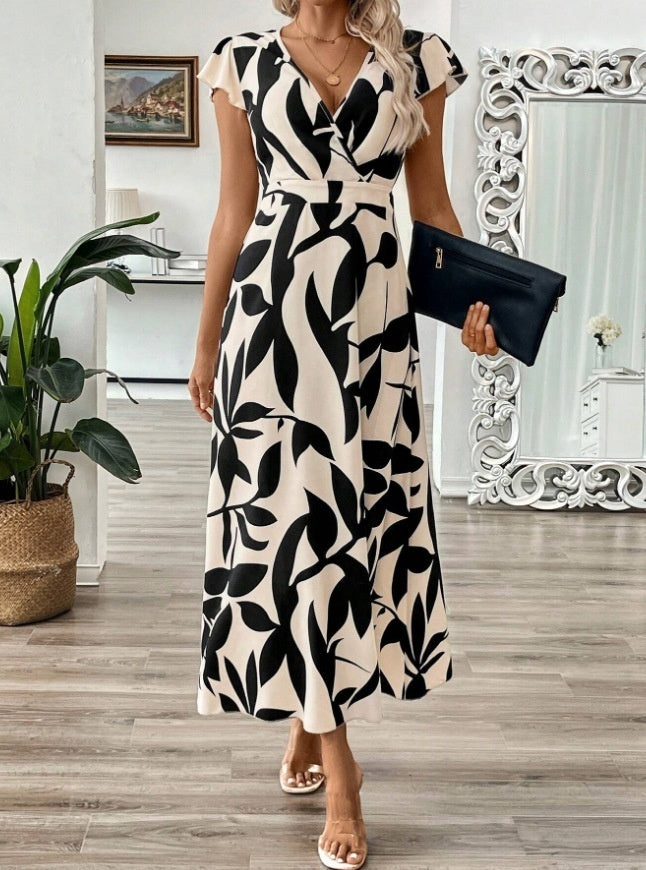 Robe longue élégante d'été pour femmes, avec col en V, imprimée et à manches courtes volants