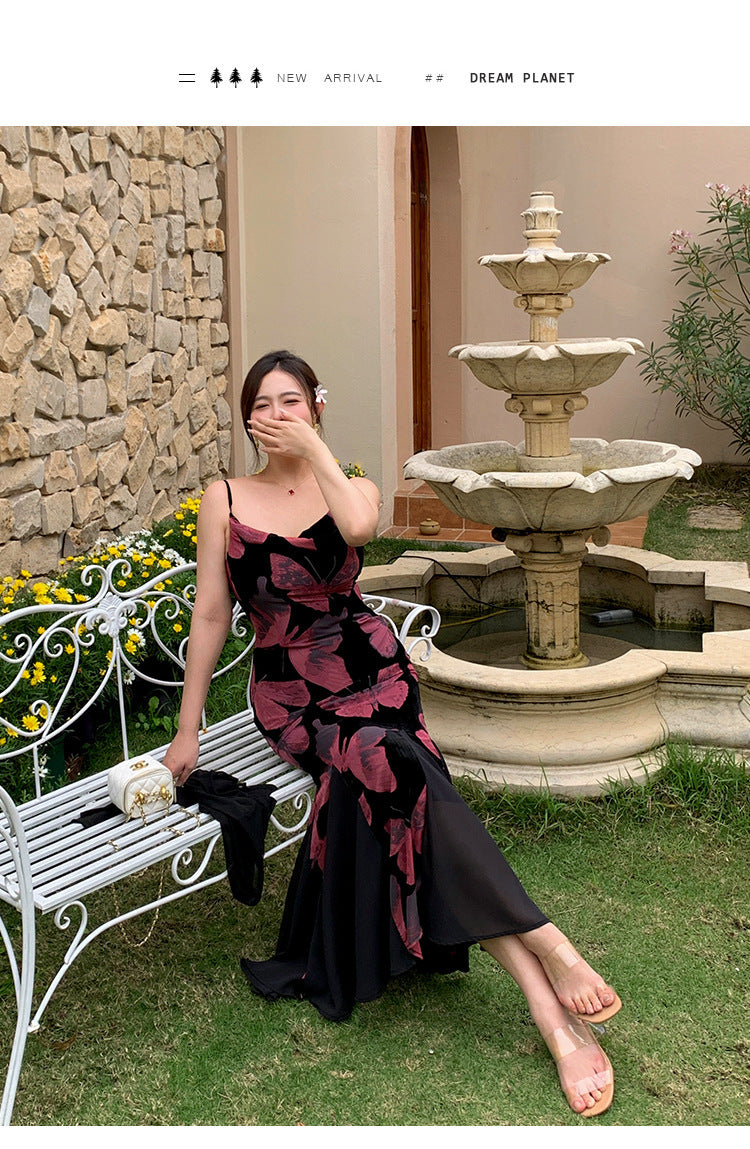 High-grade Adult Lady Like Woman Wind Flocked Printed Butterfly Dress