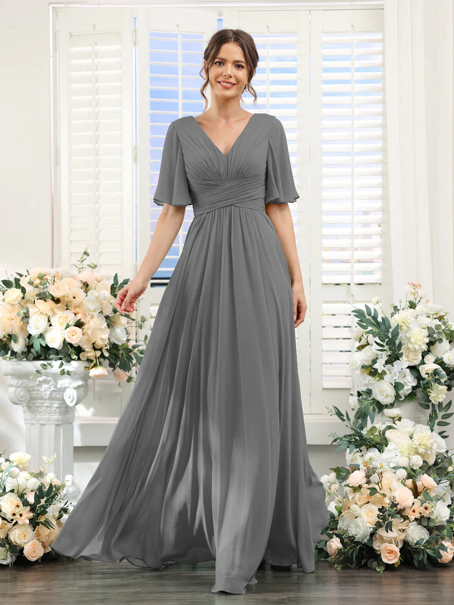 Robe de soirée longue en mousseline de soie à col en V et manches papillon