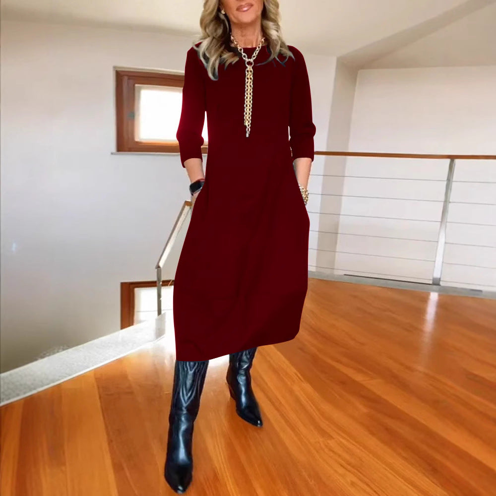 Robe unie ample à col rond et manches longues pour femme – Collection automne-hiver