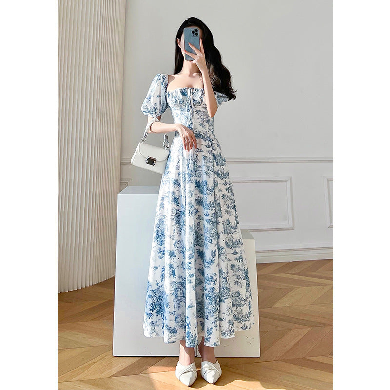 Vintage Floral Square Collar Puff Sleeve Dress in Sky Blue