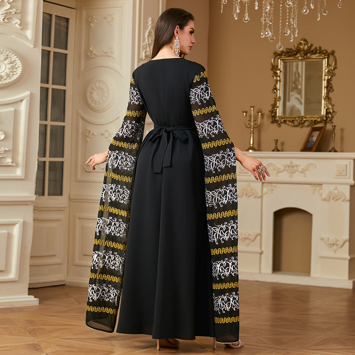 Super Long Sleeve Embroidered Black Arab Women’s Dress M-XXL