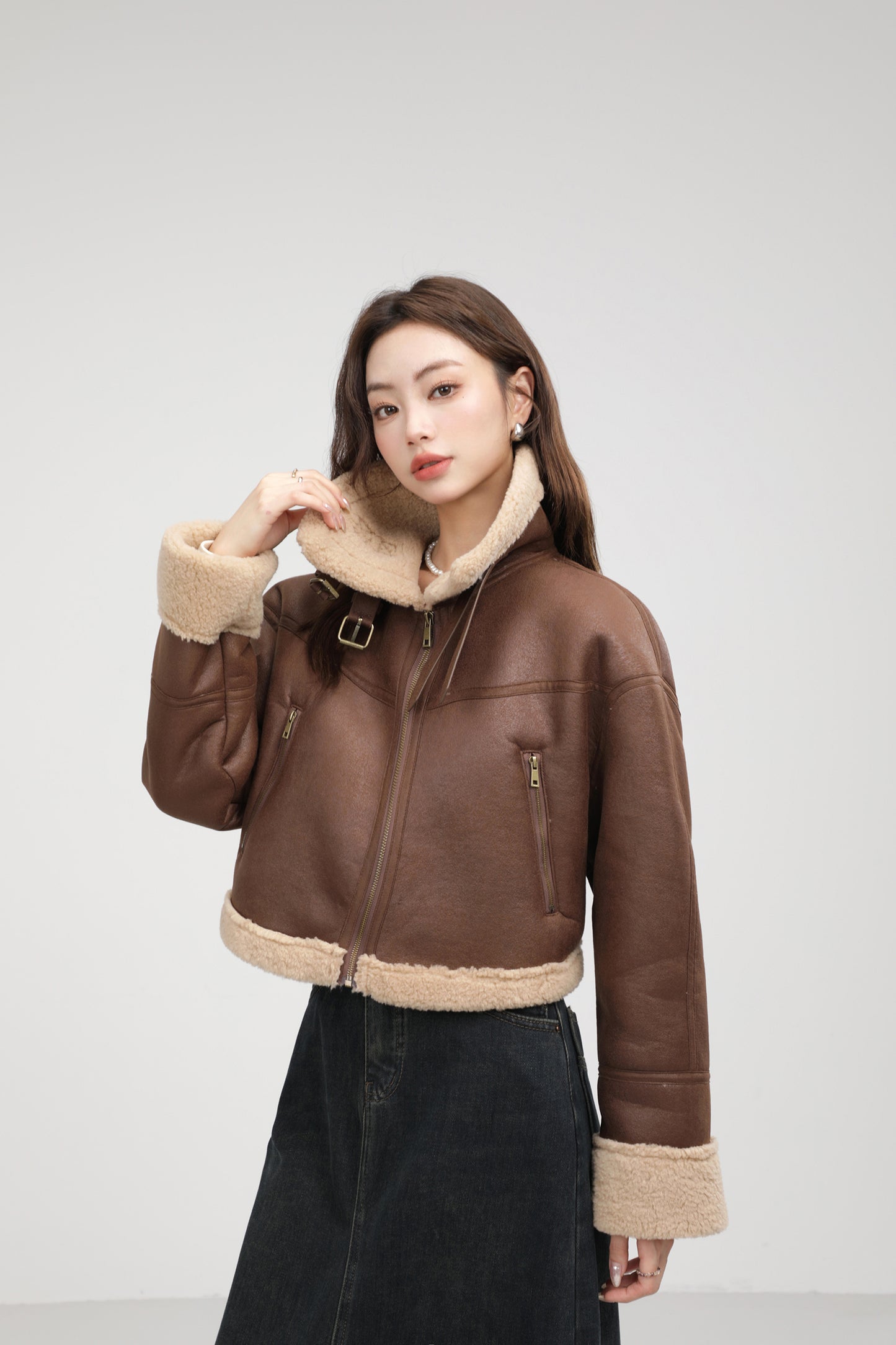 Stand Collar Integrated Lamb Fur Short Coat in Black & Coffee with Zipper Closure