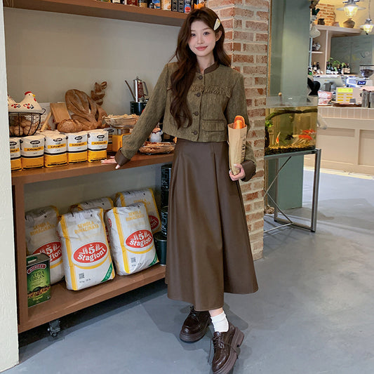 Coat PU Leather Skirt Suit