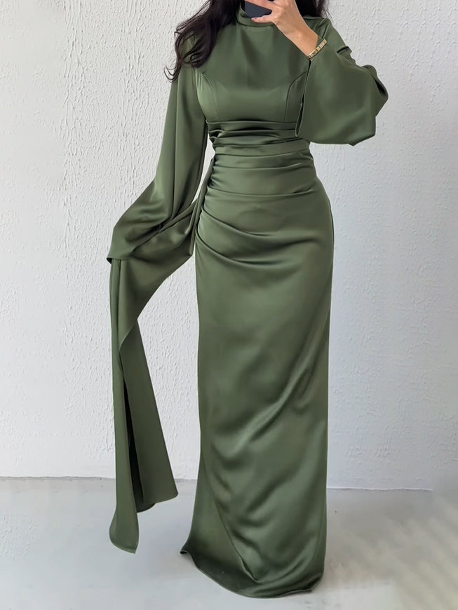 Solid Pleated Long-Sleeve Maxi Dress Polyester