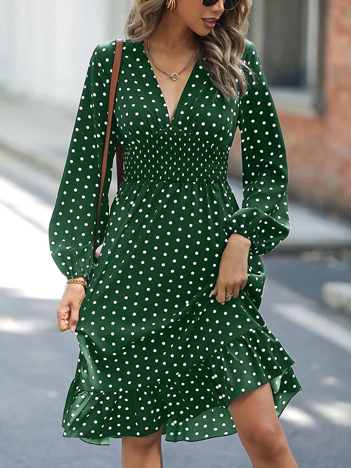 European & American Waist Slimming Polka Dot Long Sleeve Dress
