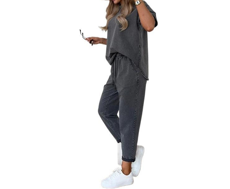 Solid Color Short-Sleeve Cropped Pants Casual 2-Piece Set