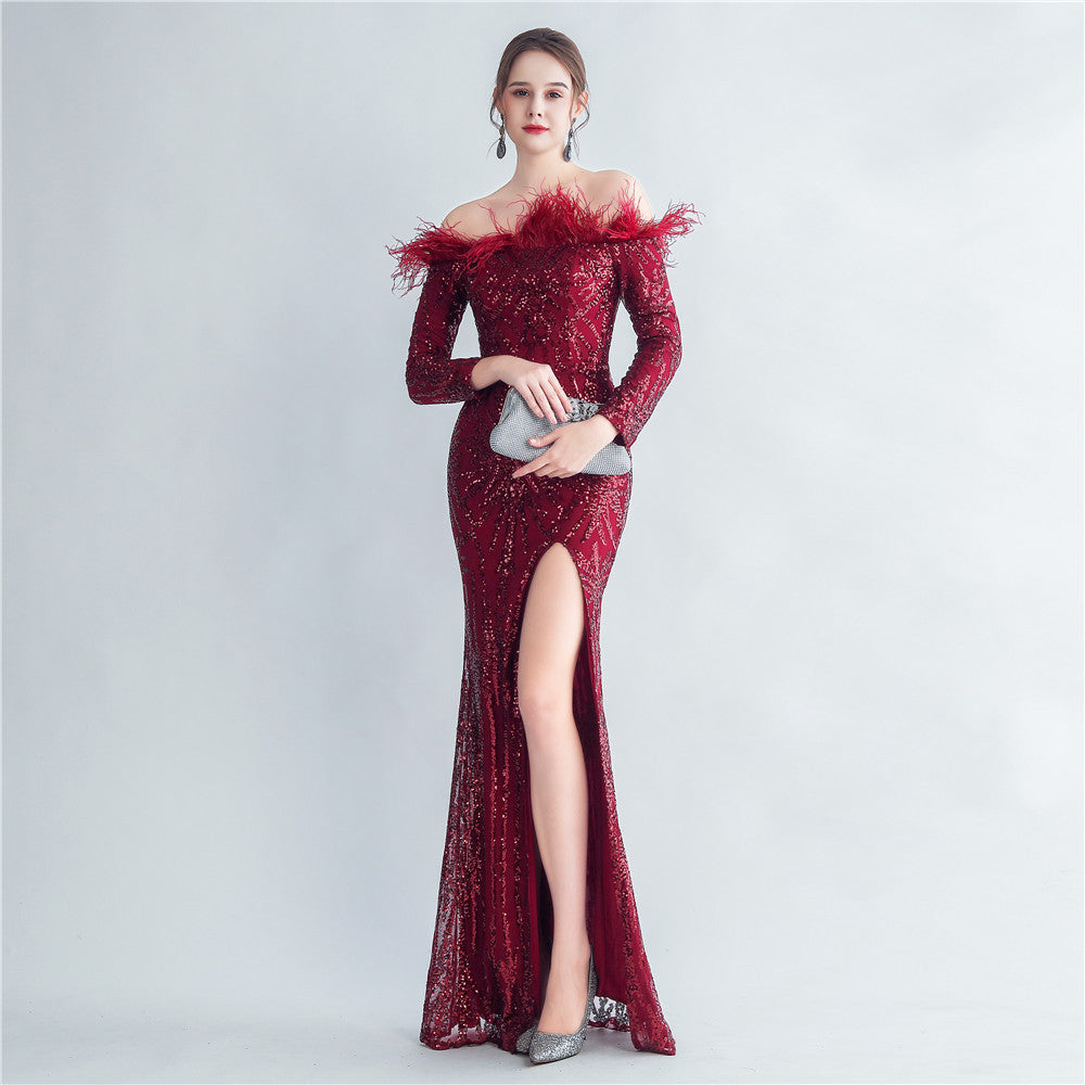 High-Density Ostrich Feather Sequin Off-Shoulder Long Sleeve Fishtail Evening Dress