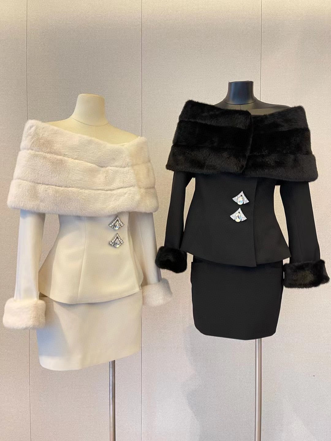 Early Spring Off-Shoulder Fur Short Coat and Skirt Set
