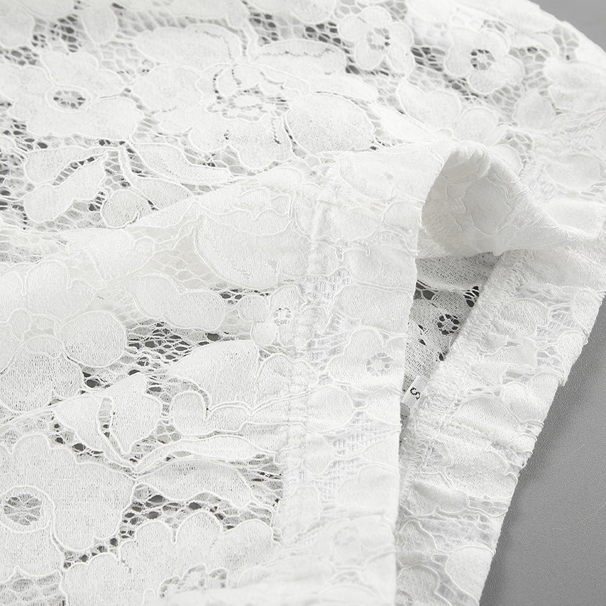 White Cotton Lace Jacquard See-Through High Waist Flared Pants