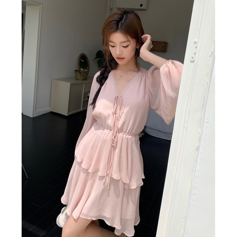 Women's Pink V-Neck Lace-Up Chiffon Lantern Sleeve Dress