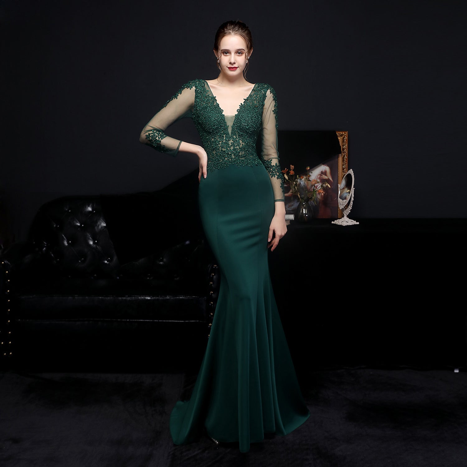 Women's High Waist Lace Diamond Toast Dress Long Sleeve