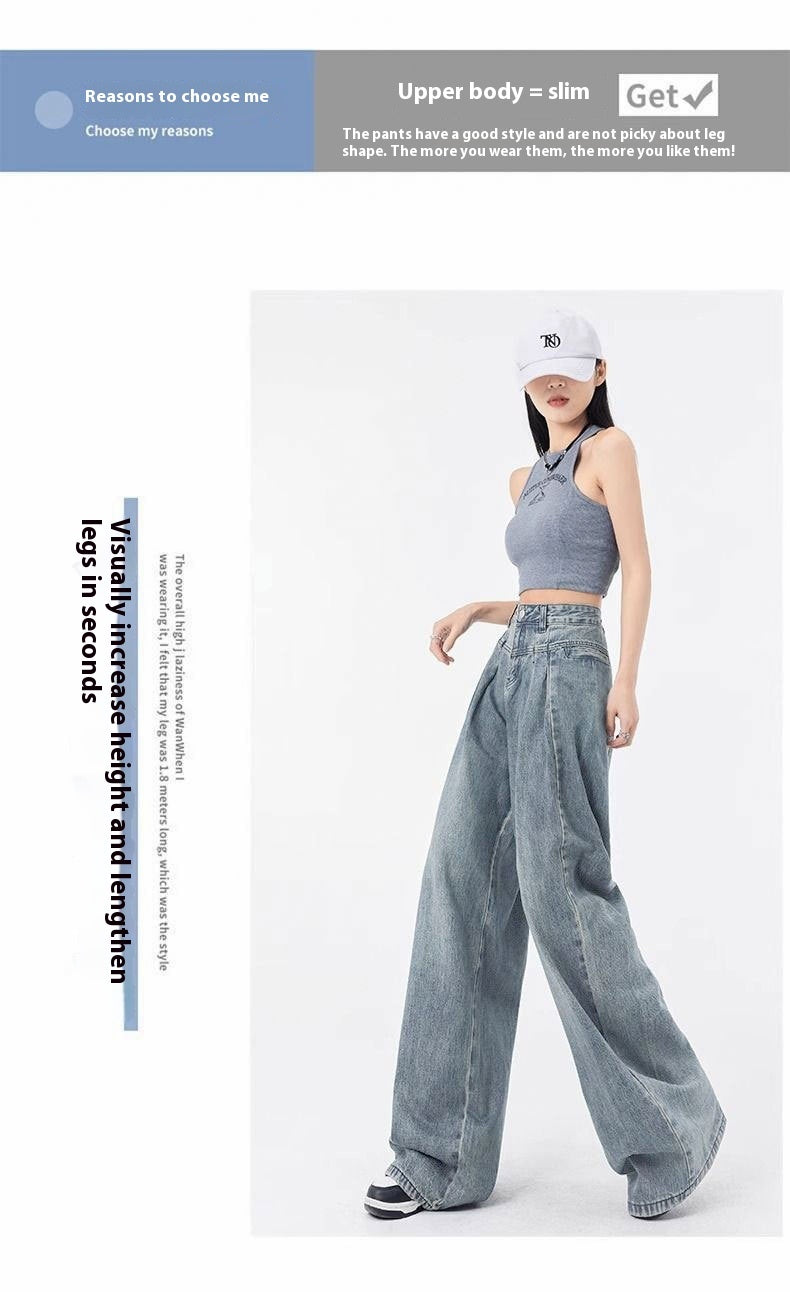 High Waist Pleated Wide Leg Loose Cotton Denim Jeans for Women