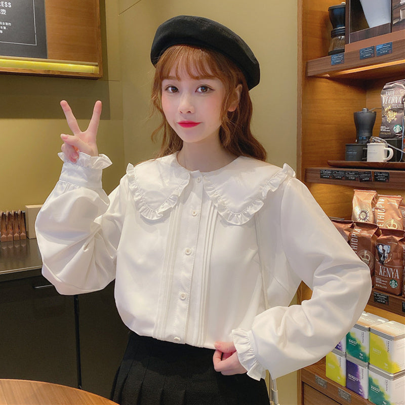 Jk Uniform Sweet Doll Collar Long Sleeve Top White Apricot One Size