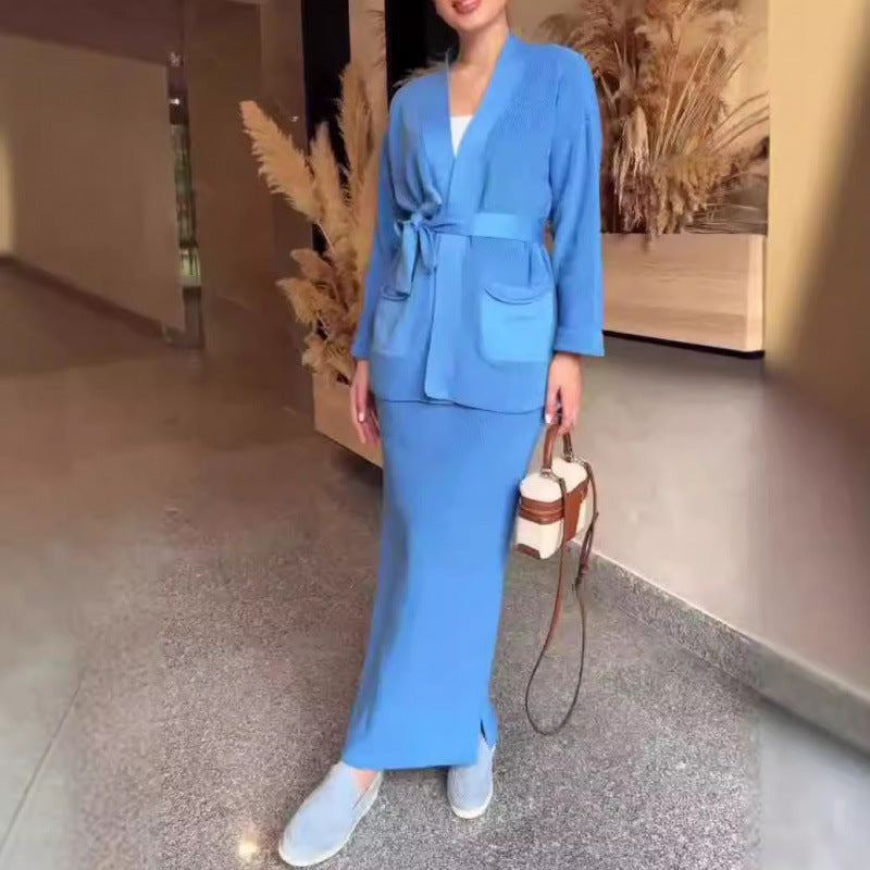 Thermal Knitting Lace-up Long Sleeve Cardigan Long Skirt Two-piece Sweater