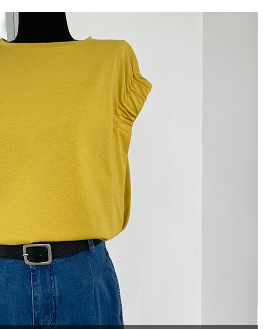 T-shirt plissé ample en coton à manches courtes pour femme