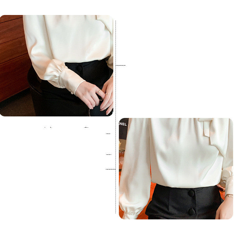 Chemisier pull à nouer en satin abricot à manches longues