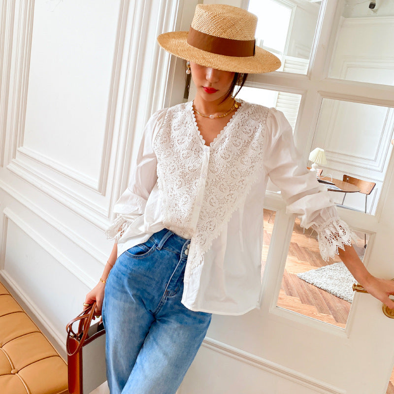 Cardigan blouse en dentelle de coton pour femme, style français
