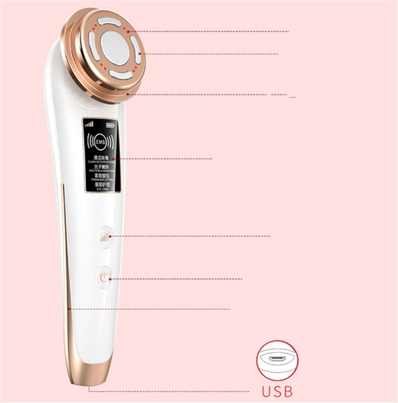 White Facial Cleansing Massager Electronic Beauty Equipment with Negative Ion and Color Light