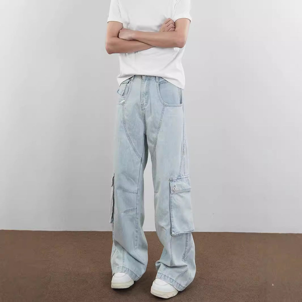 American Retro Gender-Free Blue Cotton Casual Pants Mid Waist S-3XL